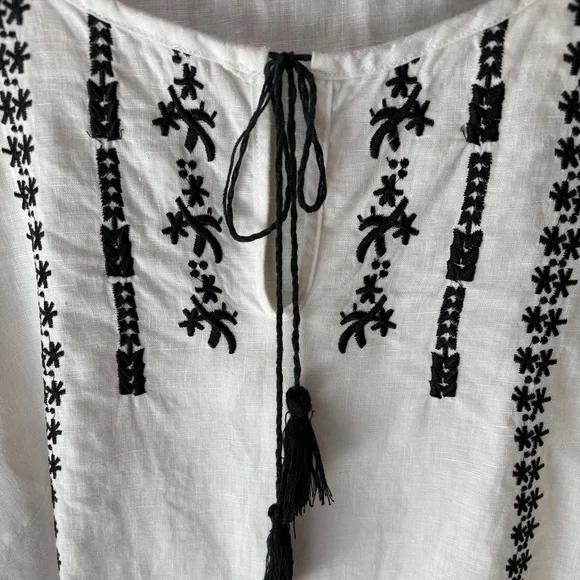 Boho White Linen Peasant Top with Black Intricate Embroidery - Picture 3 of 16
